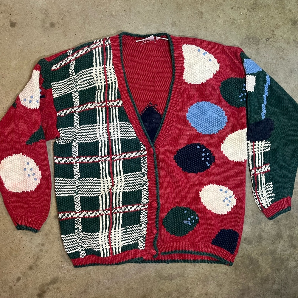 Van Heusen Vintage For Her Red Knit Golf Novelty Preppy Cardigan Sweater Size Lg